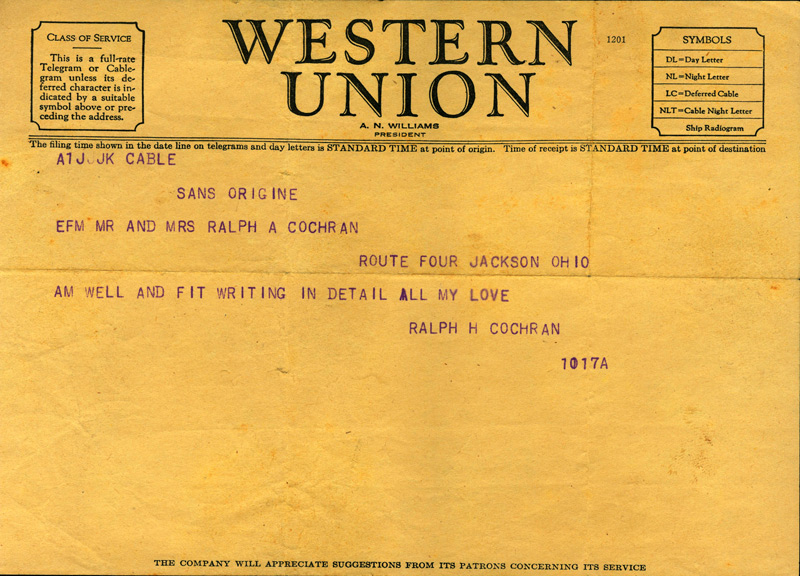 Ralph Cochran's Telegram Saying he is Safe